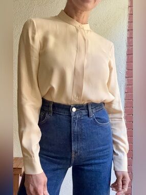 Zara Cream Mandarin Collar Button-Front Women's Blouse, Size Small